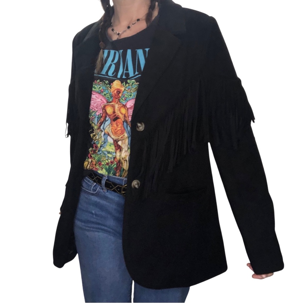 Blue B Coll. Faux Suede Fringe Rivets Jacket Sz M Black Rock Western Rockabilly - Picture 2 of 11
